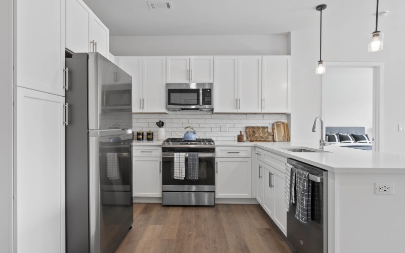 2 bedroom apartment for rent with stainless steel appliances, white cabinetry, kitchen island, plank flooring, and pendant lighting