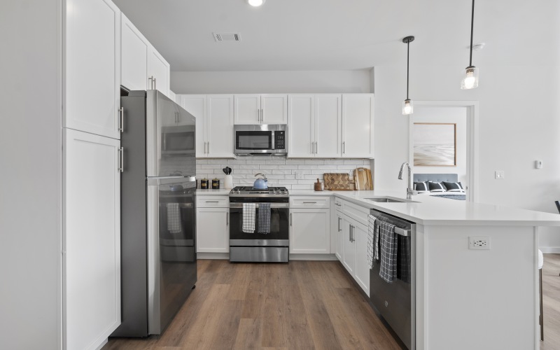 2 bedroom apartment for rent with stainless steel appliances, white cabinetry, kitchen island, plank flooring, and pendant lighting