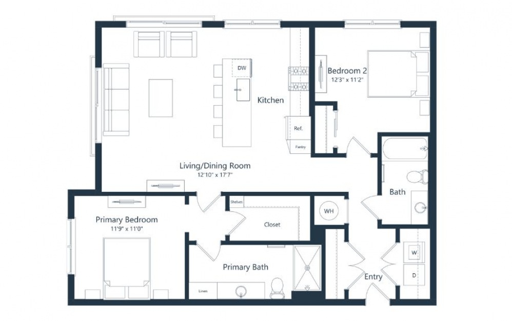 C3 - 2 bedroom floorplan layout with 2 baths and 1108 square feet.